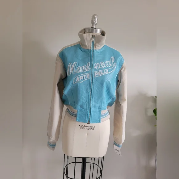 BNWT leather "Montreal" cropped bomber jacket in blue and cream vintage style - Picture 2 of 14